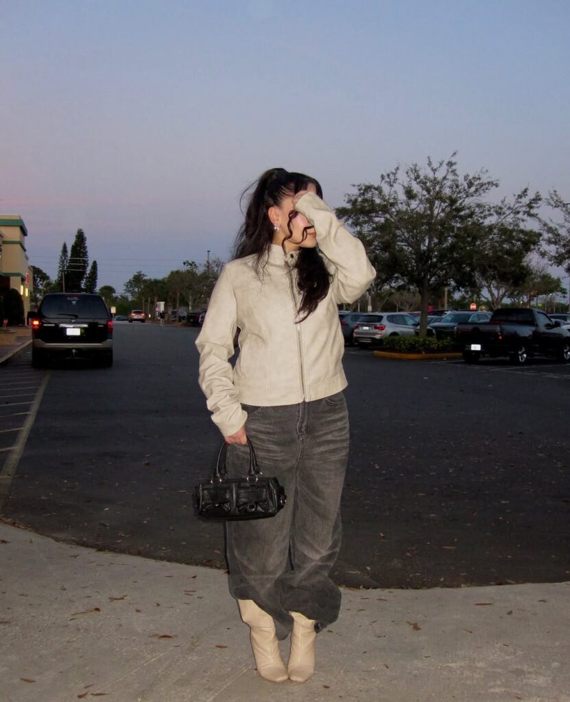 Neutral Jacket with Dark Barrel Jeans for Dinner