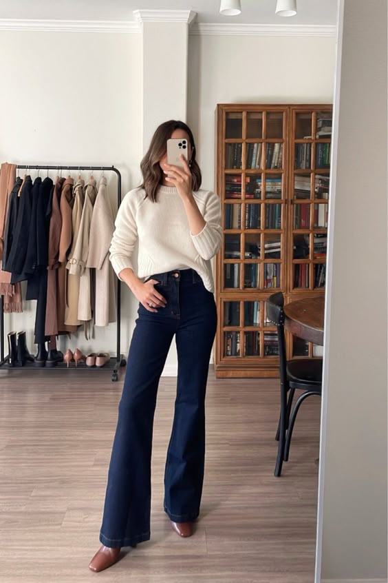 Cream Sweater with Dark Wide-Leg Jeans Minimal Business Look