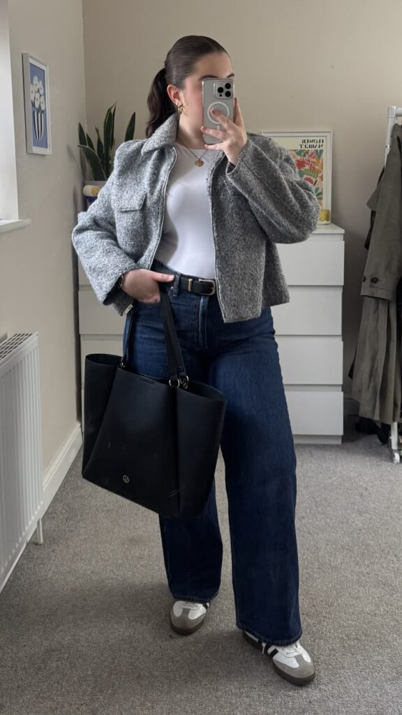 Grey Jacket with White Tee and Baggy Jeans Office Look