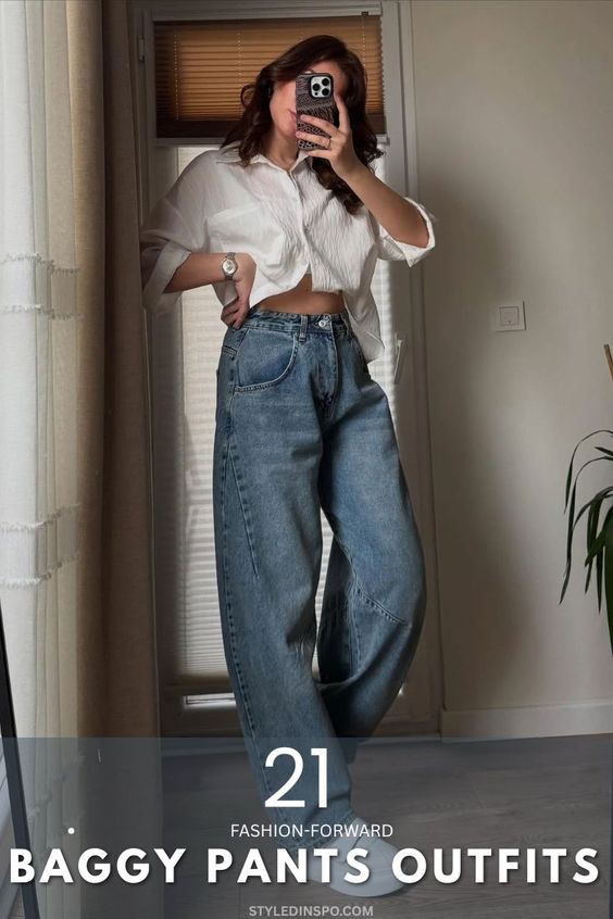 White Button-Down Shirt with Classic Baggy Jeans Dinner Outfit