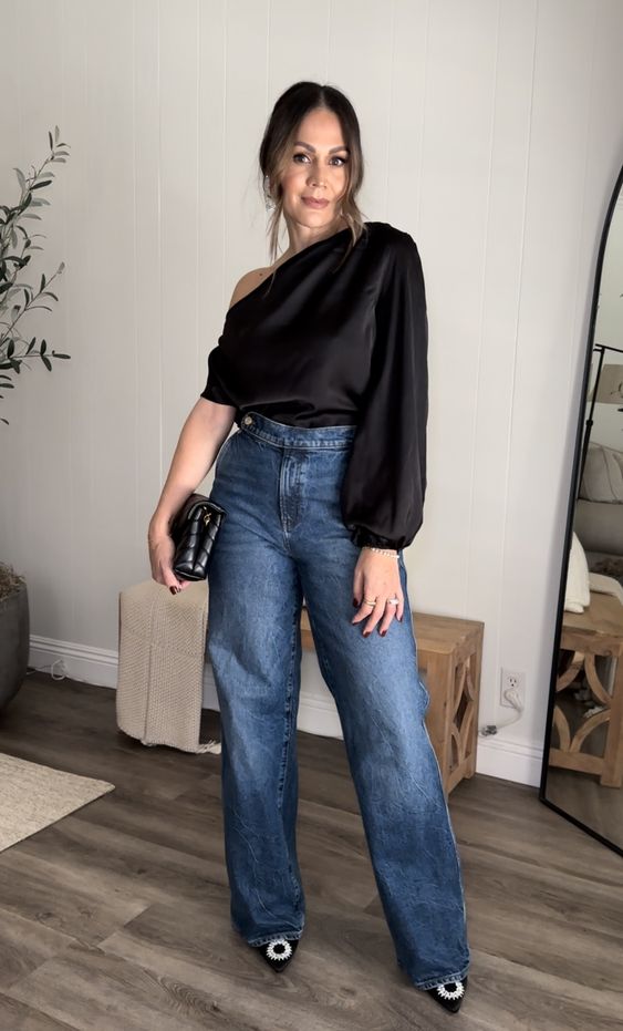 Satin One-Shoulder Top with Wide-Leg Jeans Party Look
