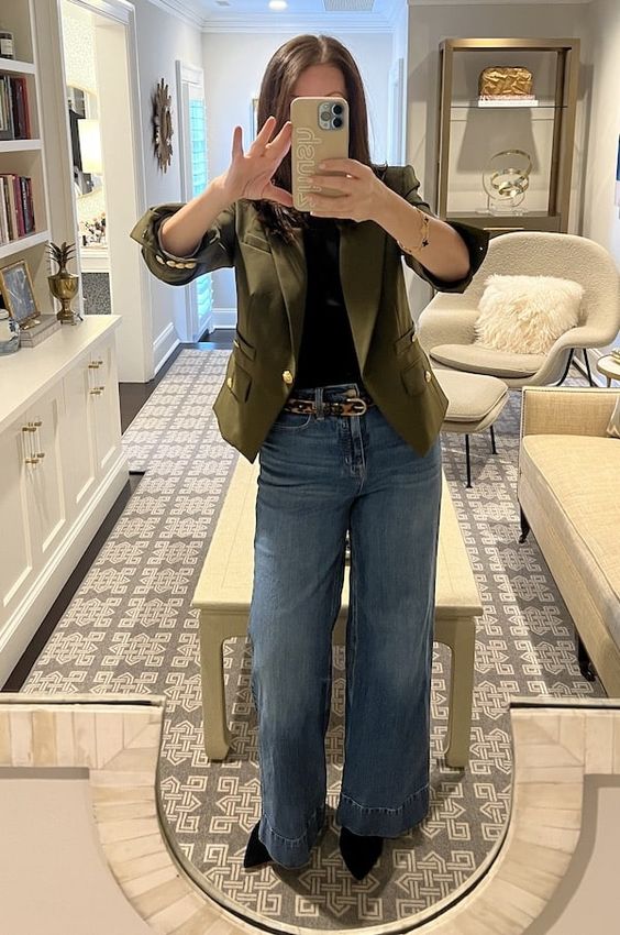Olive Blazer with Wide-Leg Jeans Business Casual Look