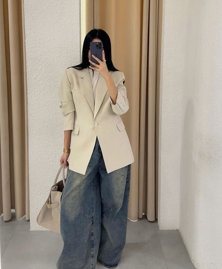 Cream Blazer with Baggy Jeans Office Look