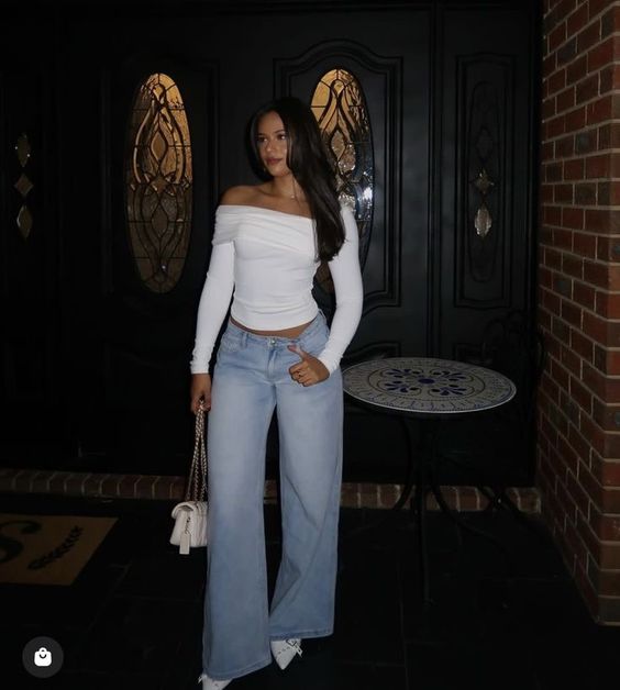 Off-Shoulder White Top with Light Baggy Jeans Dinner Outfit