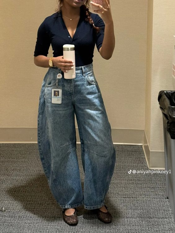 Fitted Polo Top with Classic Baggy Jeans Dinner Outfit