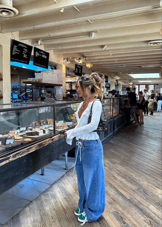 White Tie-Front Blouse with Blue Baggy Jeans Dinner Outfit