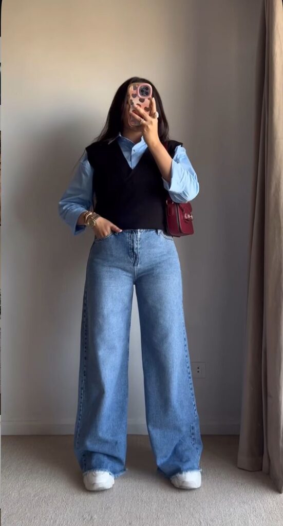 Knit Vest with Blue Shirt and Baggy Jeans Office Look