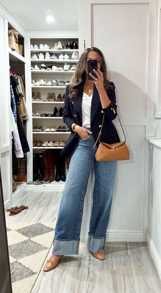 Navy Blazer with Wide-Leg Jeans Business Smart Look