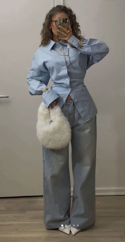 Light Blue Shirt with Grey Baggy Jeans Office Look
