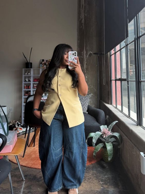 Sleeveless Vest with Barrel Jeans Plus Size Outfit