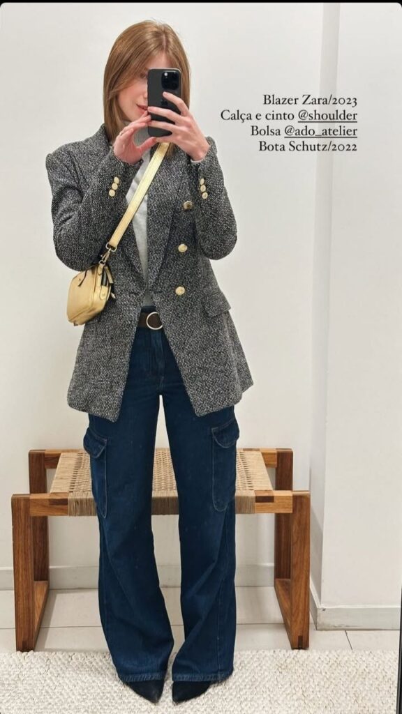 Grey Blazer and Dark Wide Jeans Smart Night Outfit