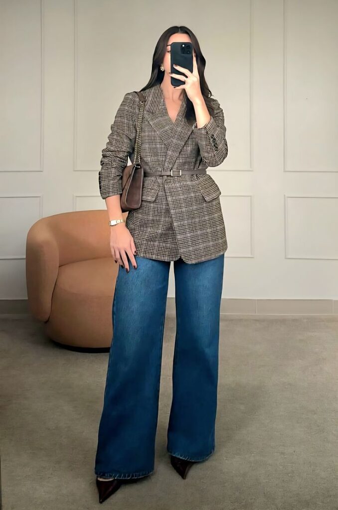 Checked Blazer and Wide Denim Refined Night Outfit