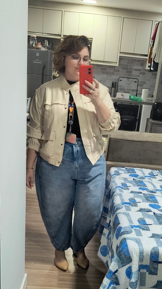 Cropped Jacket with Barrel Jeans Plus Size Outfit