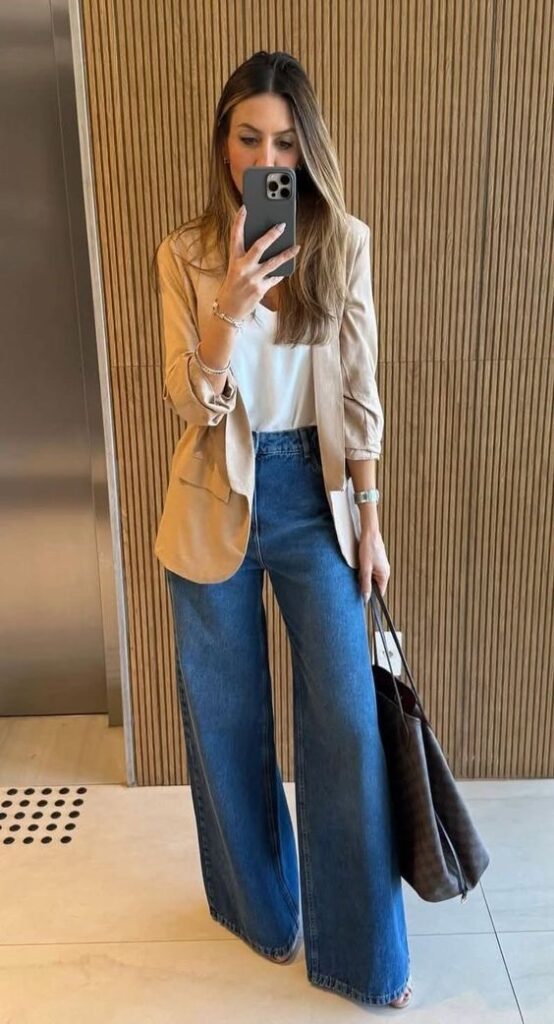 Beige Blazer with Wide-Leg Jeans Elegant Business Style