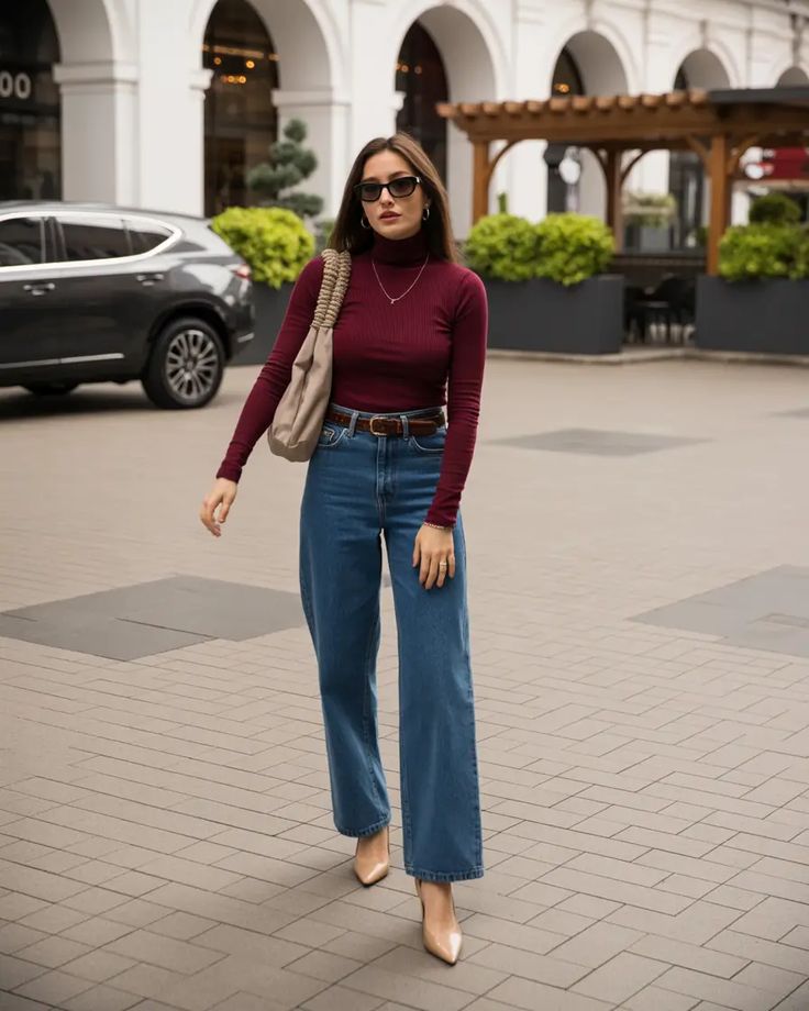 Burgundy Turtleneck & Barrel Jeans Smart Spring Outfit