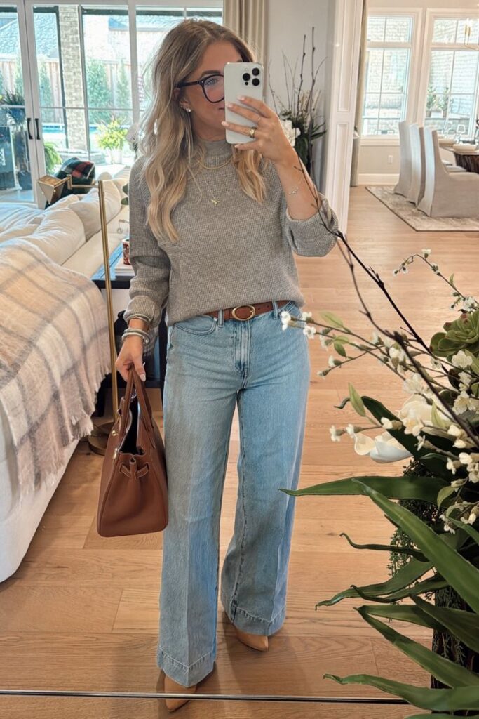 Knit Sweater with Wide-Leg Jeans Business Casual Look