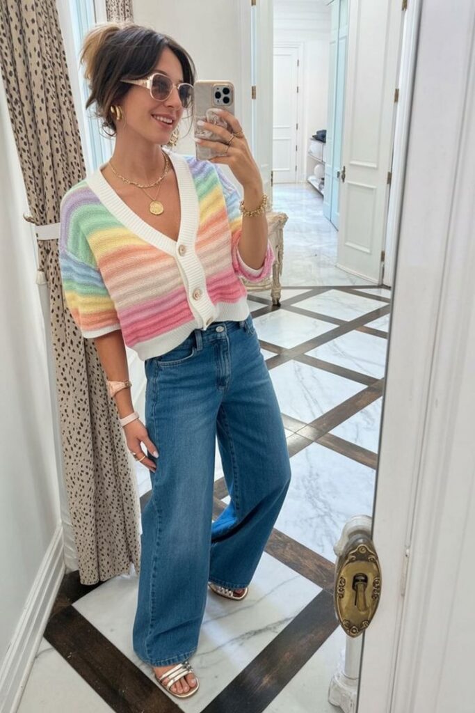Rainbow Cardigan & Barrel Jeans Cheerful Spring Outfit