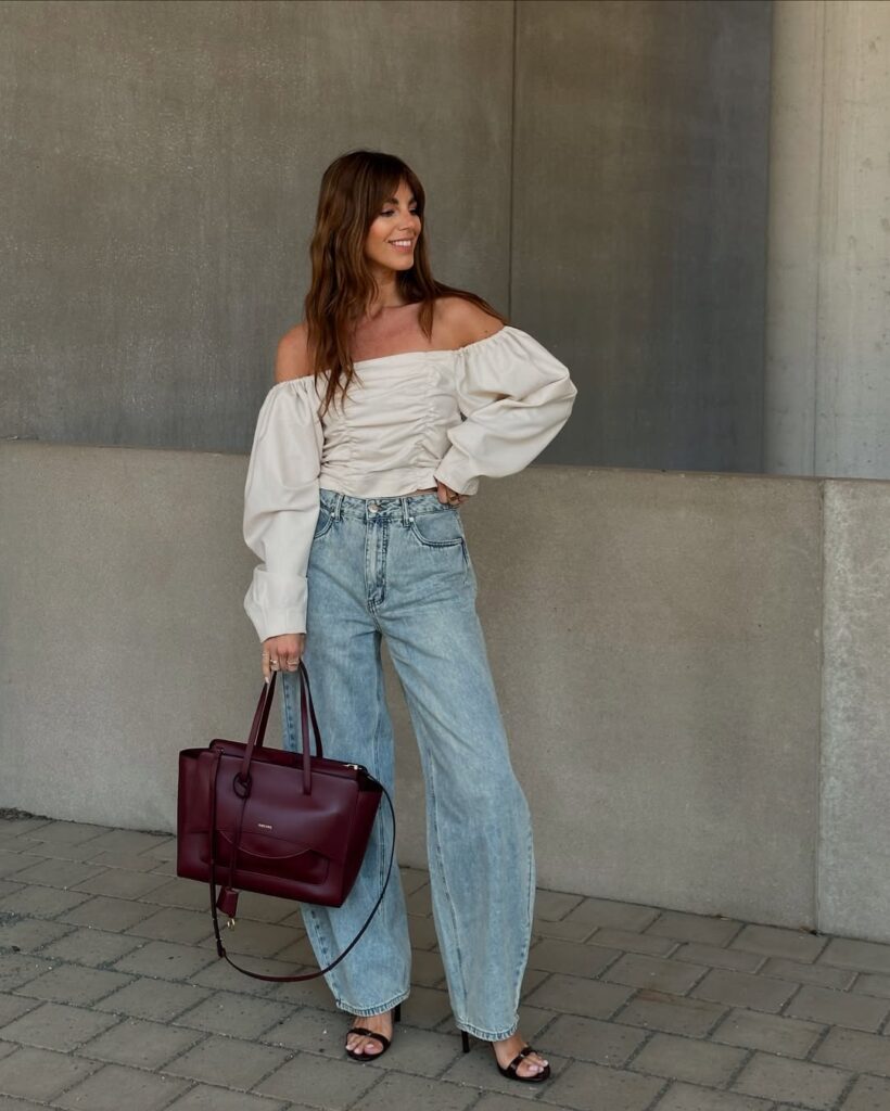 Off-Shoulder Blouse with Light Barrel Jeans for Dinner