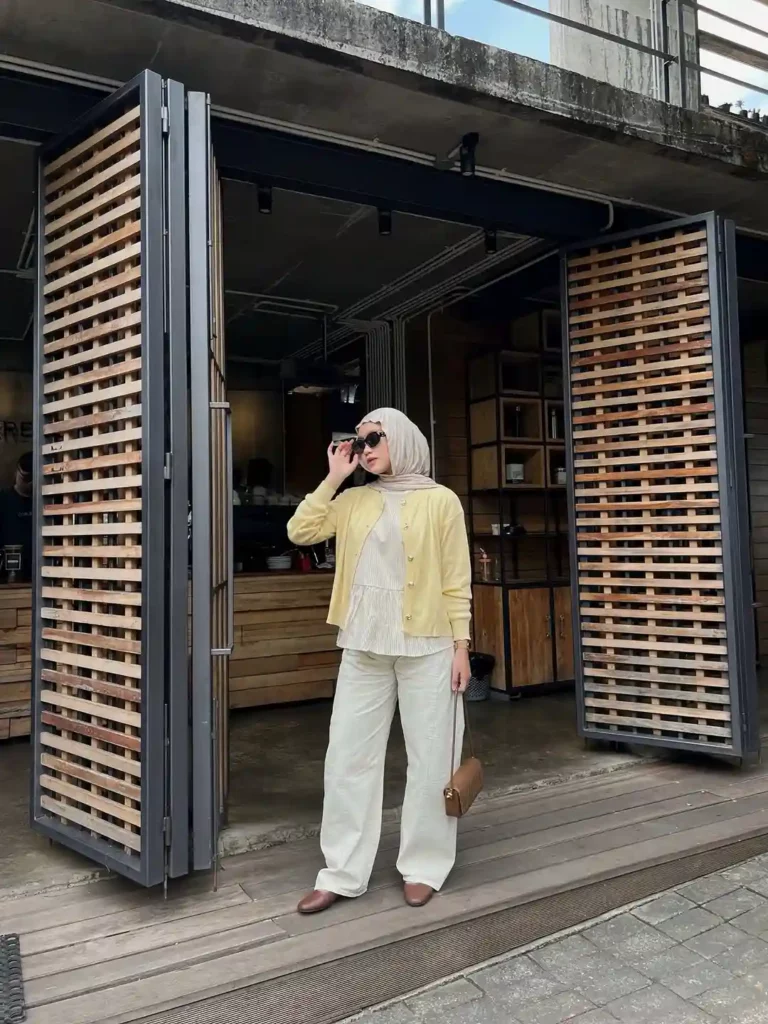 Soft Yellow Cardigan & Cream Barrel Jeans Hijab Outfit