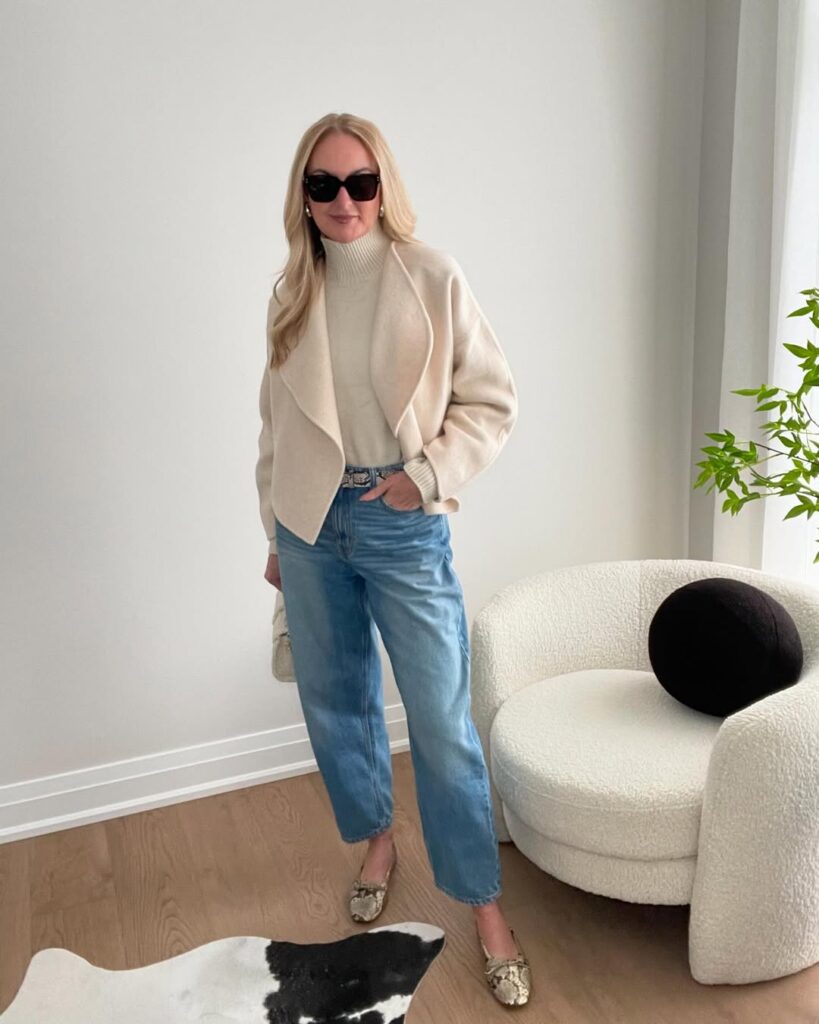 Neutral Turtleneck & Barrel Jeans Spring Outfit
