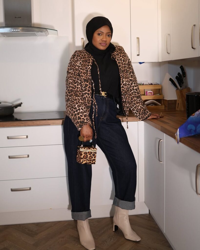 Leopard Jacket & Dark Barrel Jeans Bold Hijab Outfit