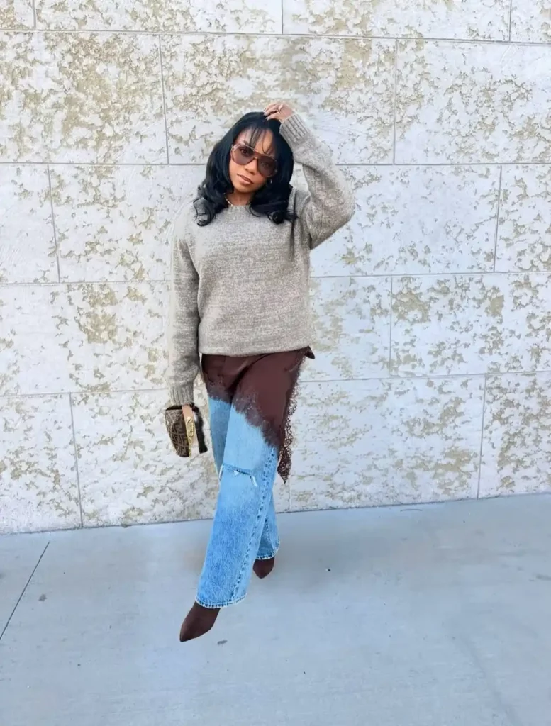 Knit Sweater with Barrel Jeans and Lace Detail for Dinner