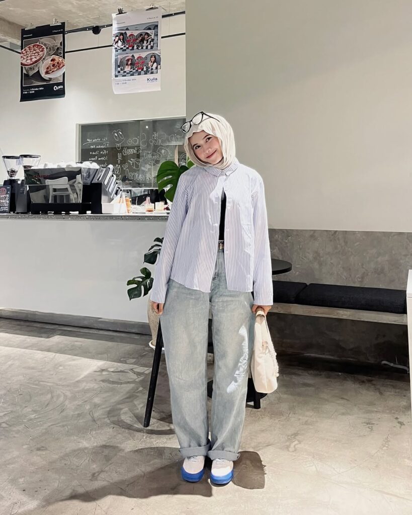 Light Striped Shirt & Washed Barrel Jeans Hijab Outfit