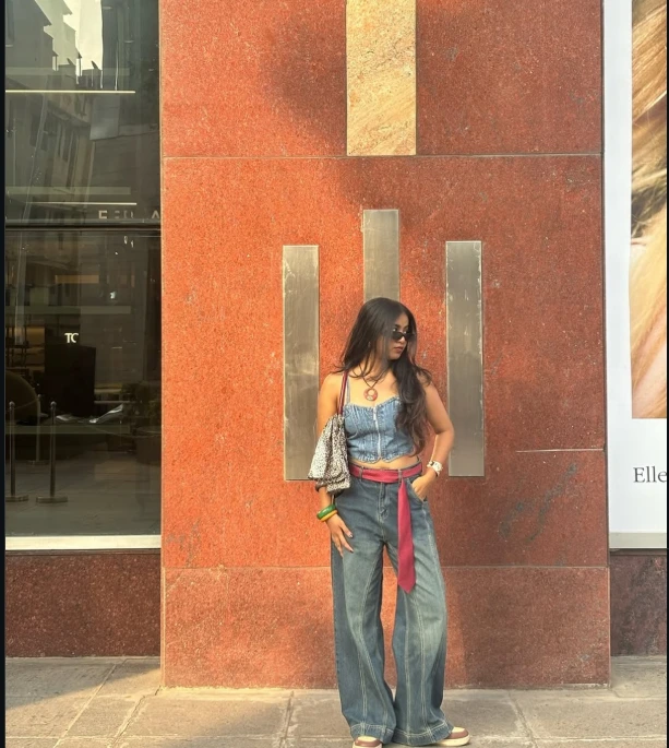 Denim Corset Top with Wide Baggy Jeans Dinner Outfit