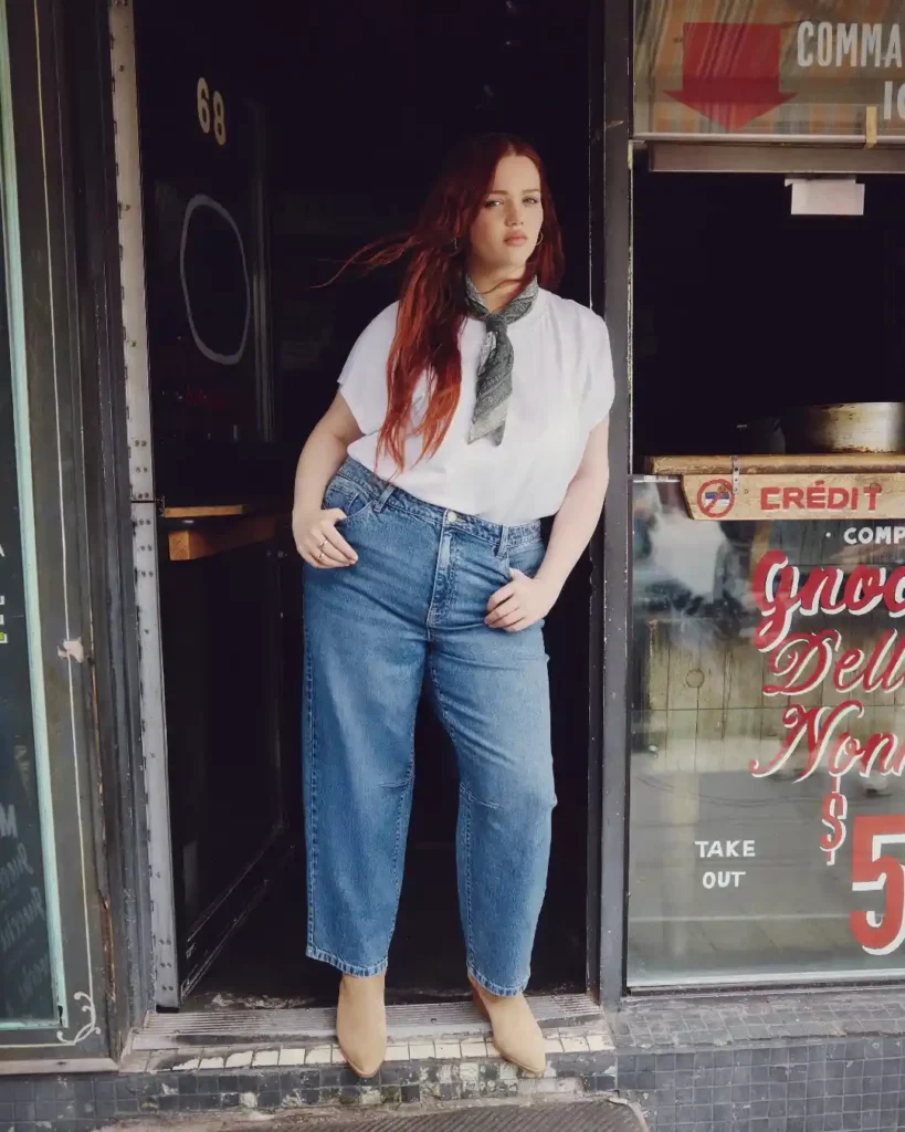 White Tee with Barrel Jeans Plus Size Outfit