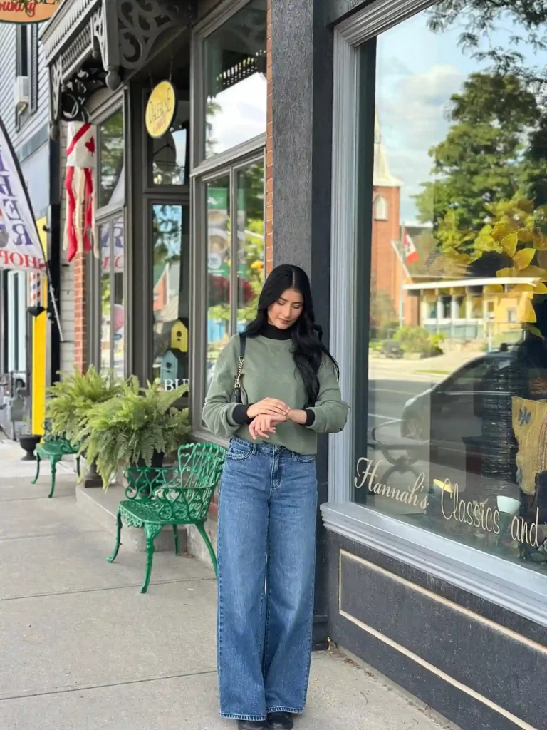 Green Sweatshirt with Baggy Jeans Office Look