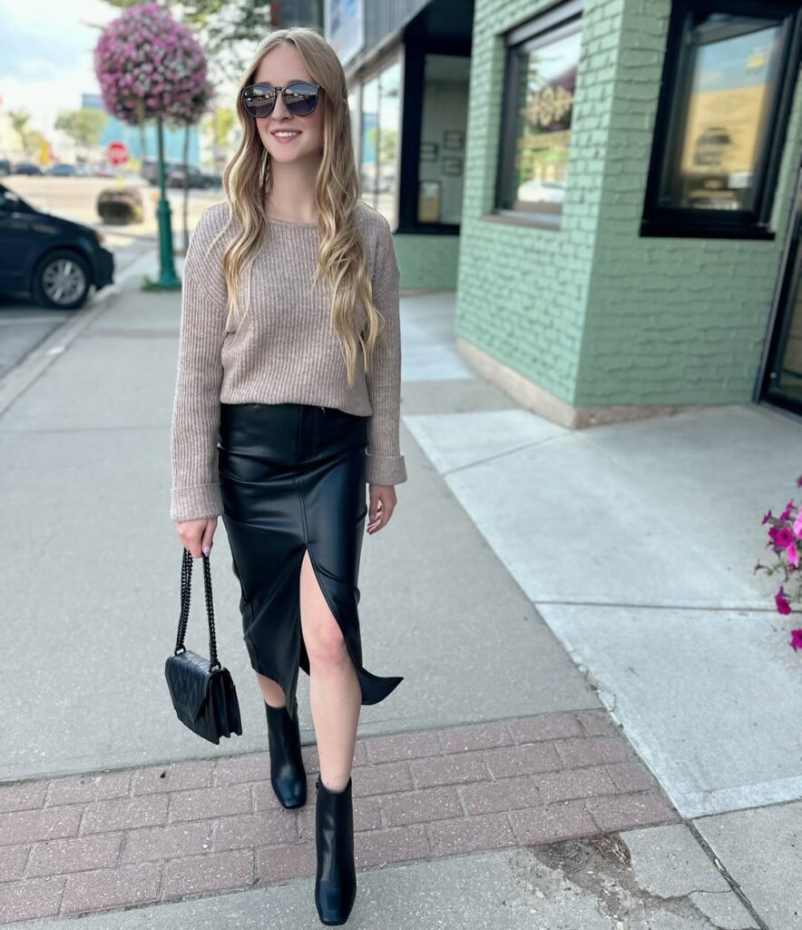Neutral Knit Sweater with Leather Midi Skirt Office Outfit