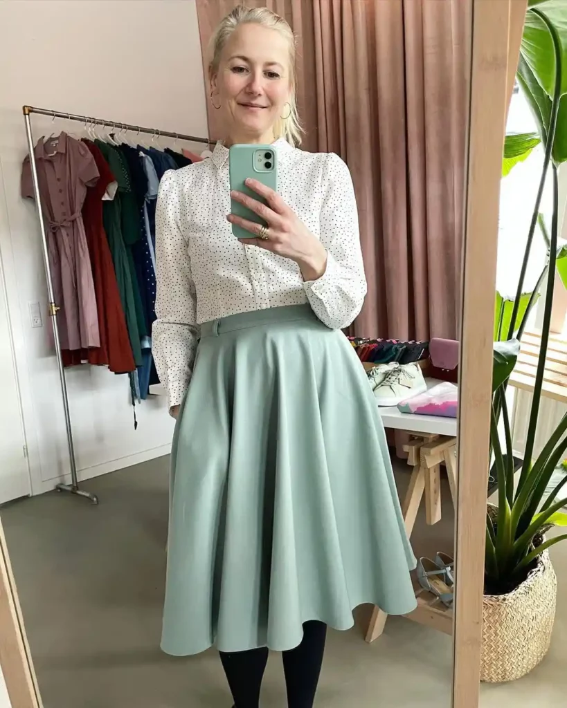 Polka Dot Shirt with Sage Green Midi Skirt Office Outfit