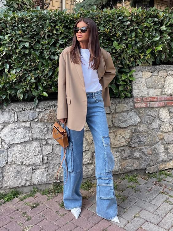 Neutral Blazer with Blue Cargo Jeans Office Outfit