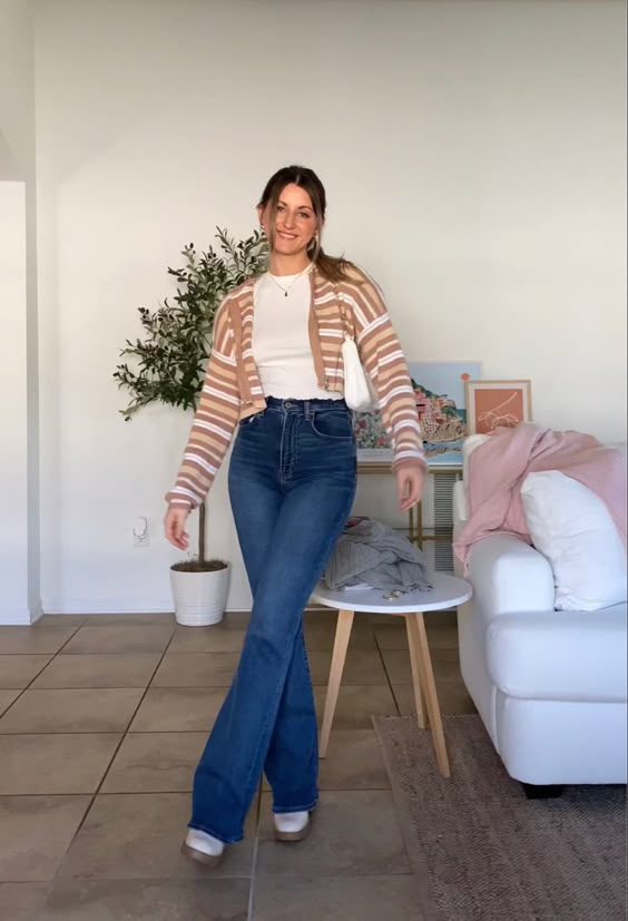 Striped Cardigan with Flare Jeans Office Outfit