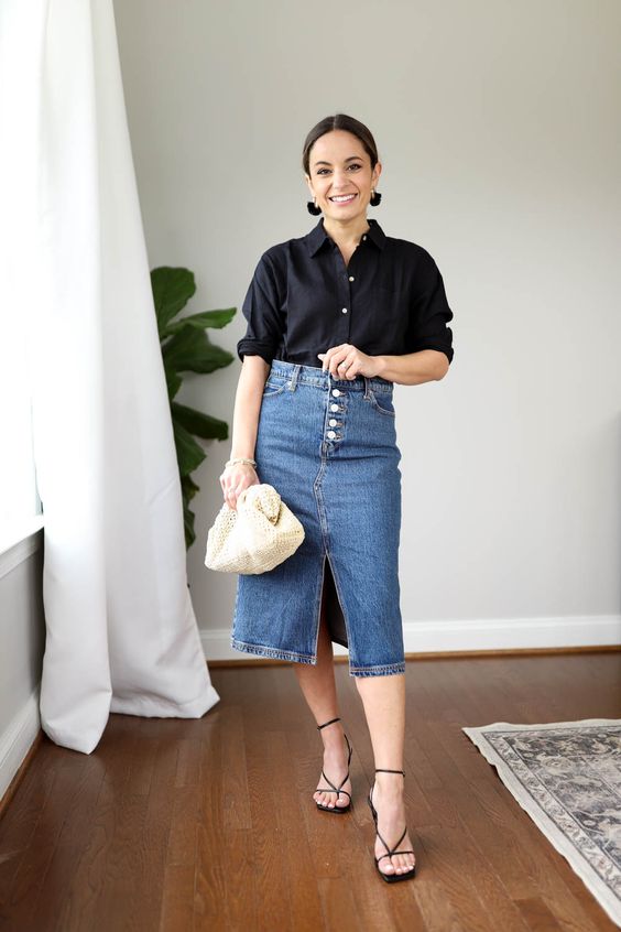 Black Button-Down Shirt with Denim Midi Skirt Office Outfit