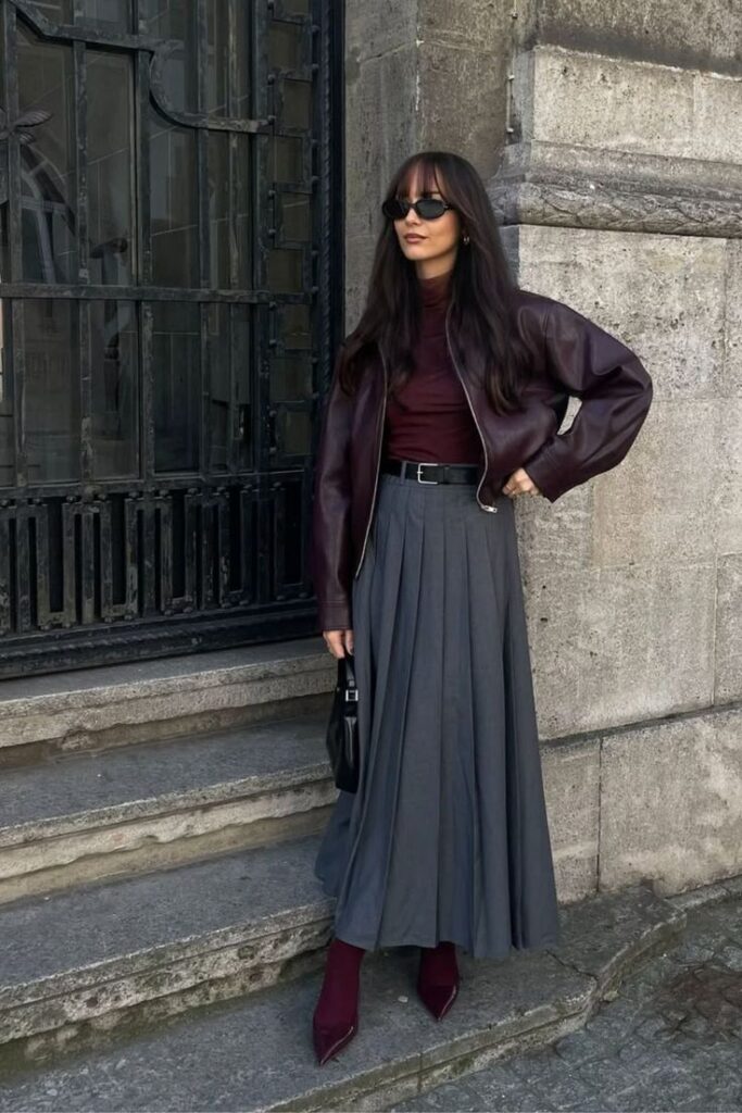 Leather Jacket with Gray Pleated Skirt Office Outfit