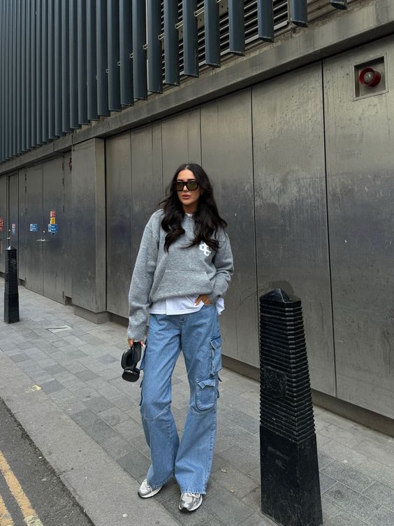 Grey Sweatshirt with Blue Cargo Jeans Office Outfit
