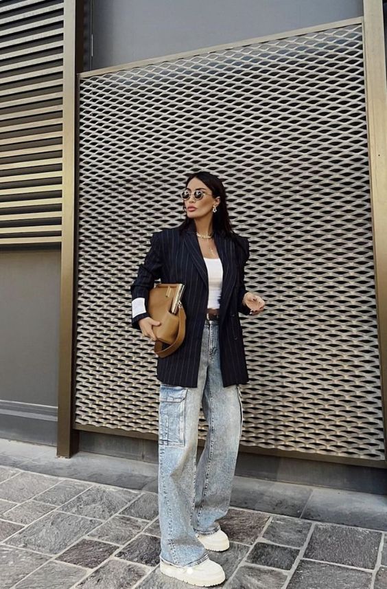 Pinstripe Blazer with Light Cargo Jeans Office Outfit