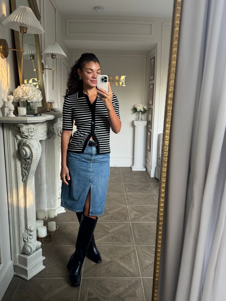 Striped Knit Top with Denim Midi Skirt Office Outfit