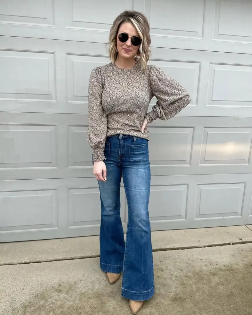 Printed Blouse with Flare Jeans Office Outfit