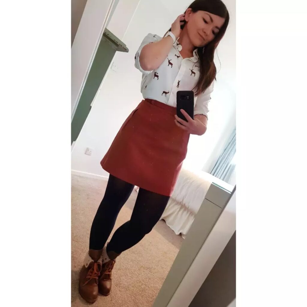 Printed White Shirt with Rust Mini Skirt Office Outfit