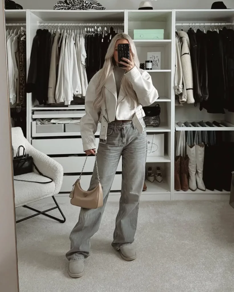 Neutral Jacket with Grey Straight Leg Jeans Office Outfit