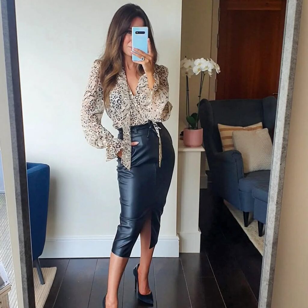 Leopard Blouse with Black Leather Pencil Skirt Office Outfit