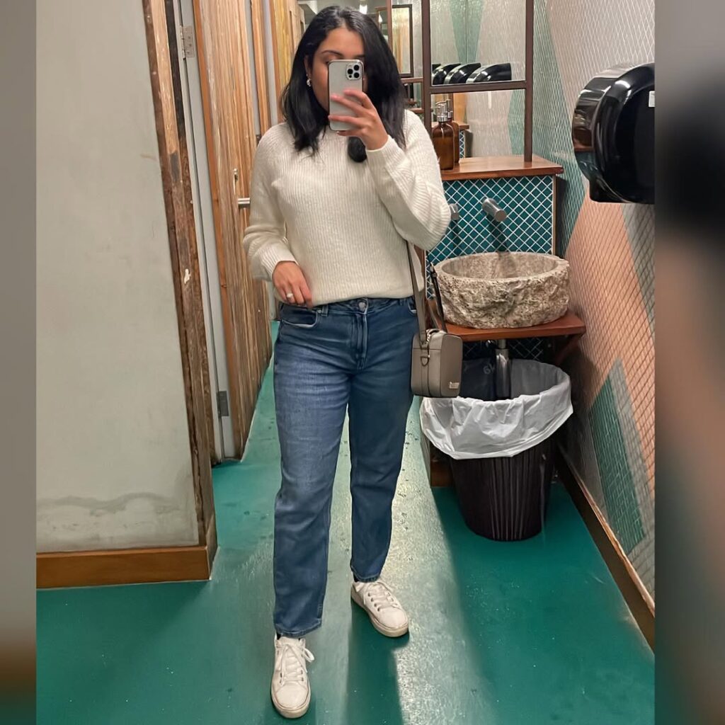 Cream Knit Sweater with Straight Leg Jeans Office Outfit