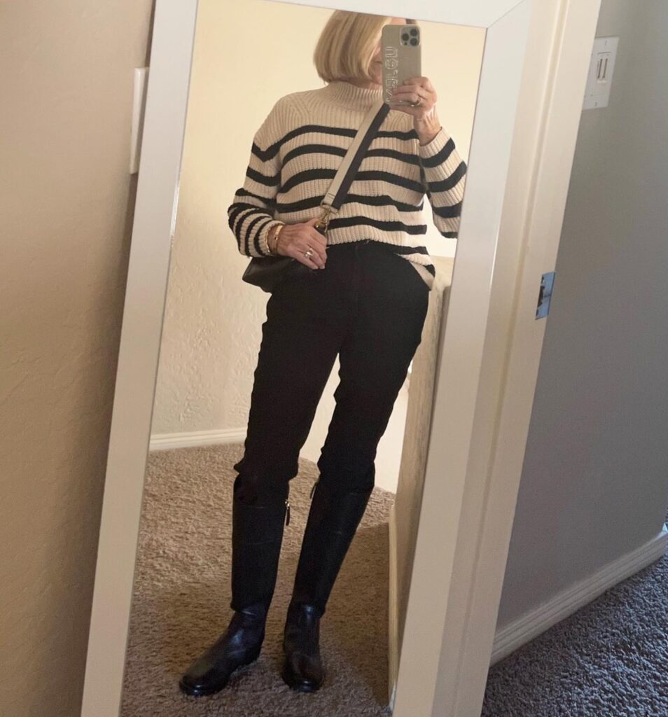 Striped Knit Sweater with Black Jeans Office Outfit