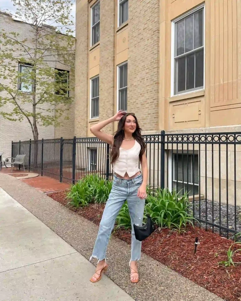 Tailored Vest with Low Rise Straight Jeans Office Look
