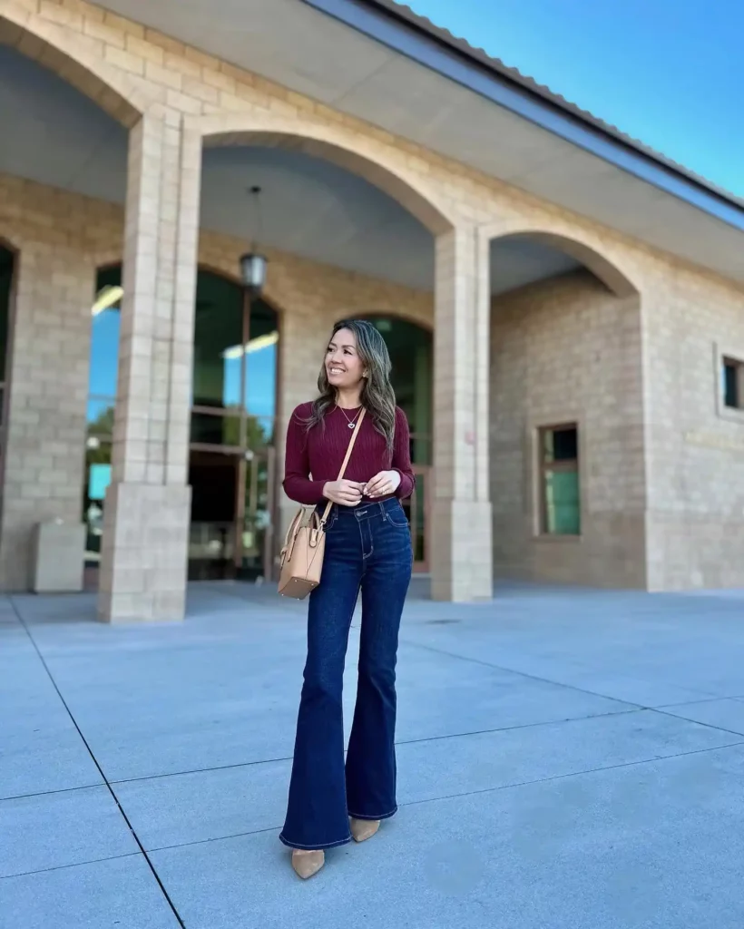 Fitted Knit Top with Dark Flare Jeans Office Outfit