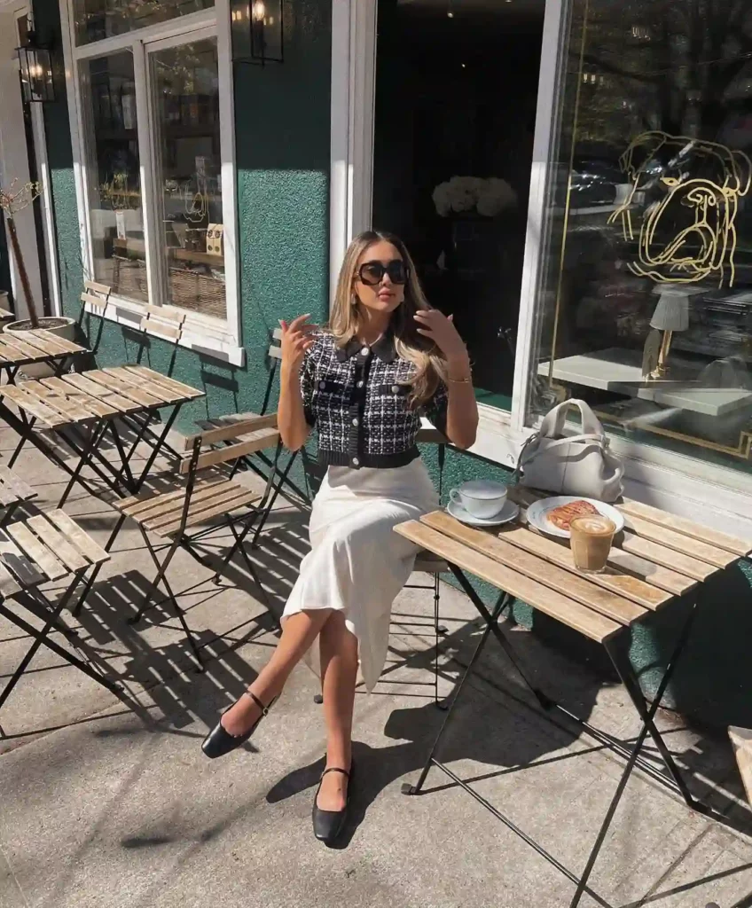 Tweed Jacket with White Silk Skirt Office Outfit