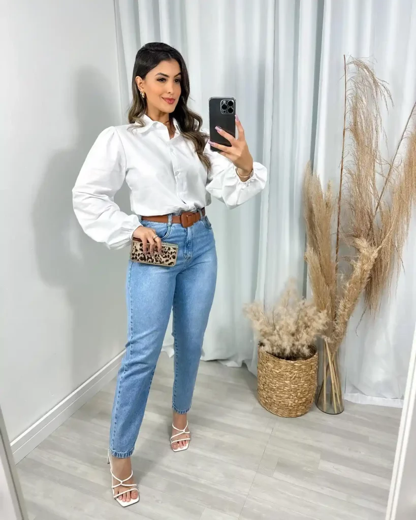 White Puff-Sleeve Shirt with Blue Mom Jeans Office Outfit