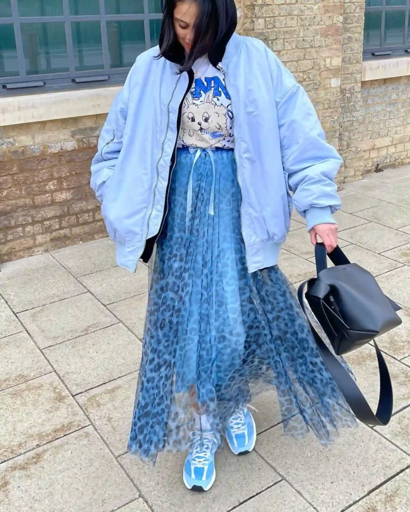 Blue Layered Skirt with Bomber Jacket Work Outfit